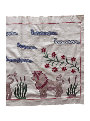 Artisan Uzbek Suzani Table Runner, Lion Embroidery, Cotton Tribal Textile 1'8'' x 4'9'' - detail 2