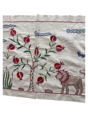 Artisan Uzbek Suzani Table Runner, Lion Embroidery, Cotton Tribal Textile 1'8'' x 4'9'' - detail 3