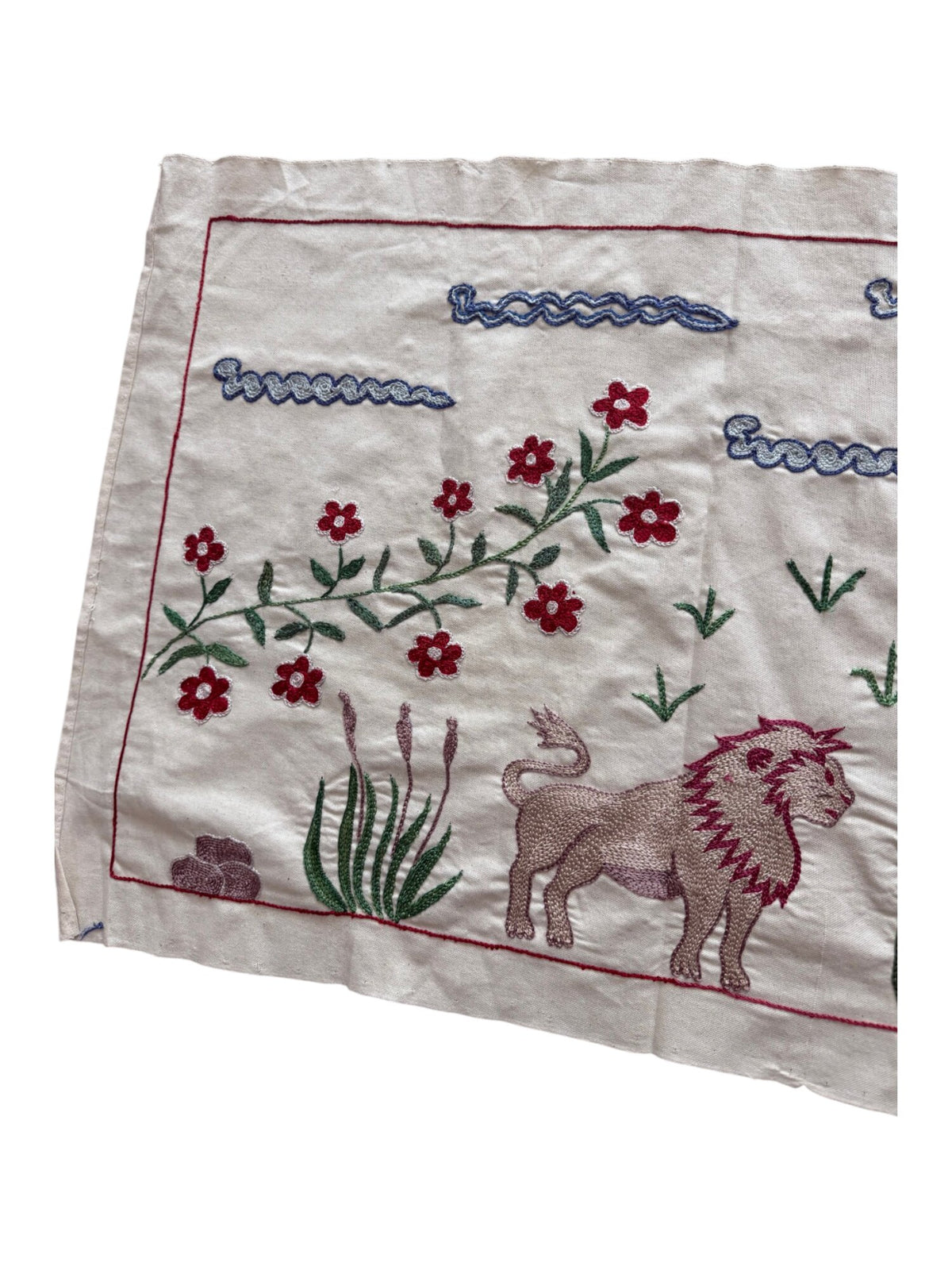 Artisan Uzbek Suzani Table Runner, Lion Embroidery, Cotton Tribal Textile 1'8'' x 4'9'' - detail 4
