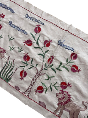 Artisan Uzbek Suzani Table Runner, Lion Embroidery, Cotton Tribal Textile 1'8'' x 4'9'' - detail 5