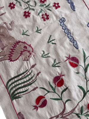 Artisan Uzbek Suzani Table Runner, Lion Embroidery, Cotton Tribal Textile 1'8'' x 4'9'' - detail 6