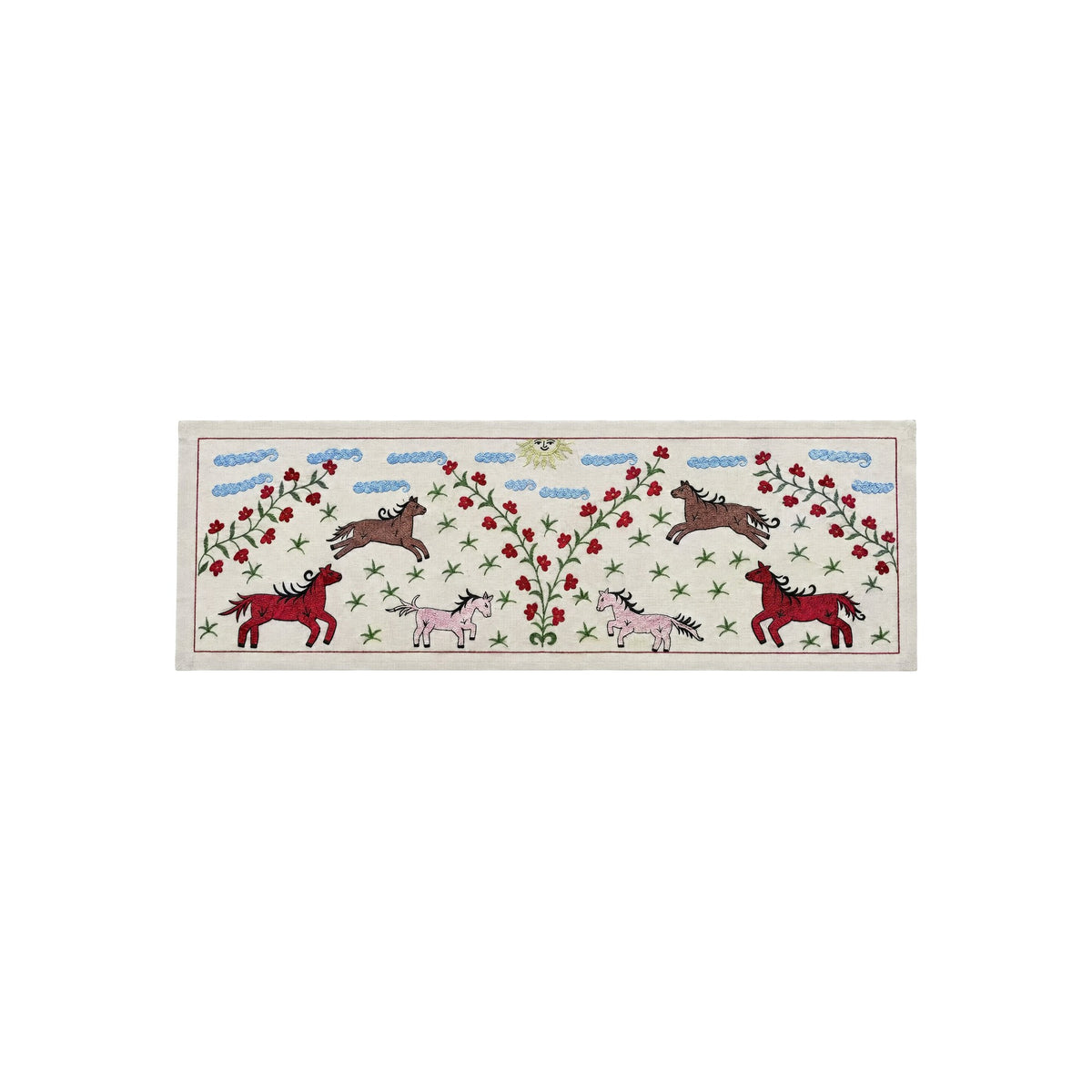 Handmade Uzbek Suzani Table Runner, Horse Embroidery, Cotton Embroidery Wall Decor 1'8'' x 4'8'' - front view