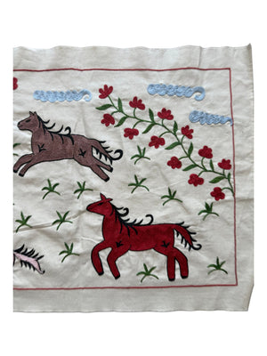 Handmade Uzbek Suzani Table Runner, Horse Embroidery, Cotton Embroidery Wall Decor 1'8'' x 4'8'' - detail 2