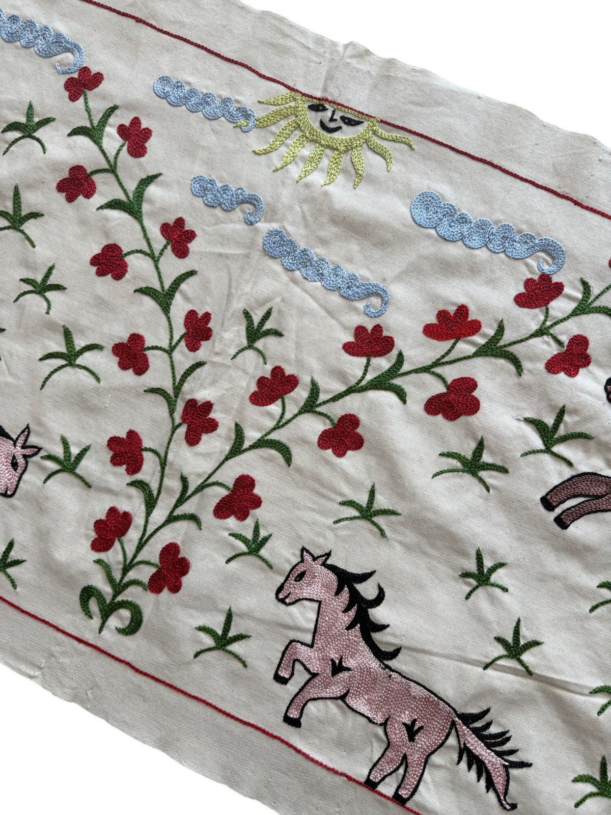 Handmade Uzbek Suzani Table Runner, Horse Embroidery, Cotton Embroidery Wall Decor 1'8'' x 4'8'' - detail 3