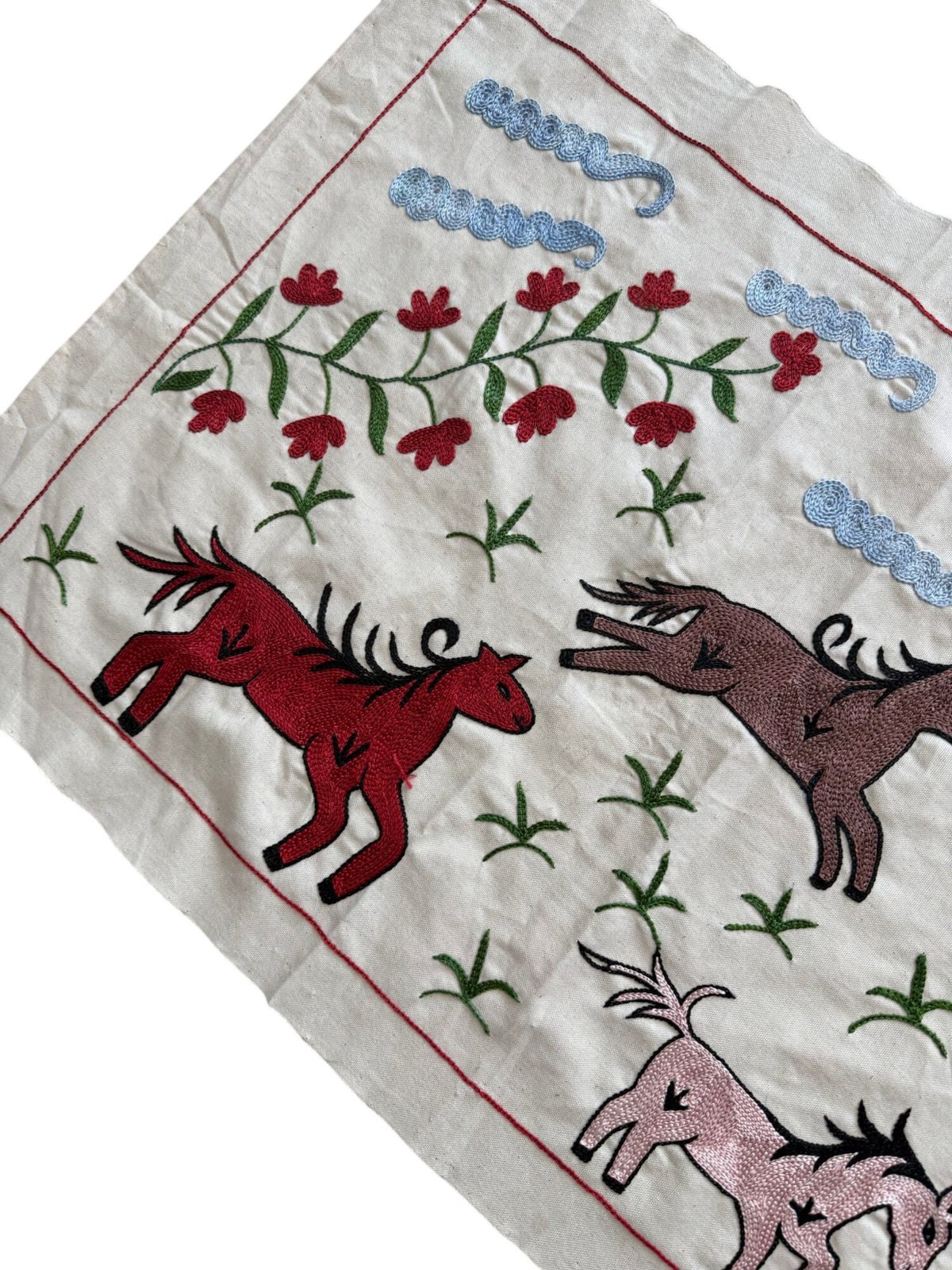 Handmade Uzbek Suzani Table Runner, Horse Embroidery, Cotton Embroidery Wall Decor 1'8'' x 4'8'' - detail 4