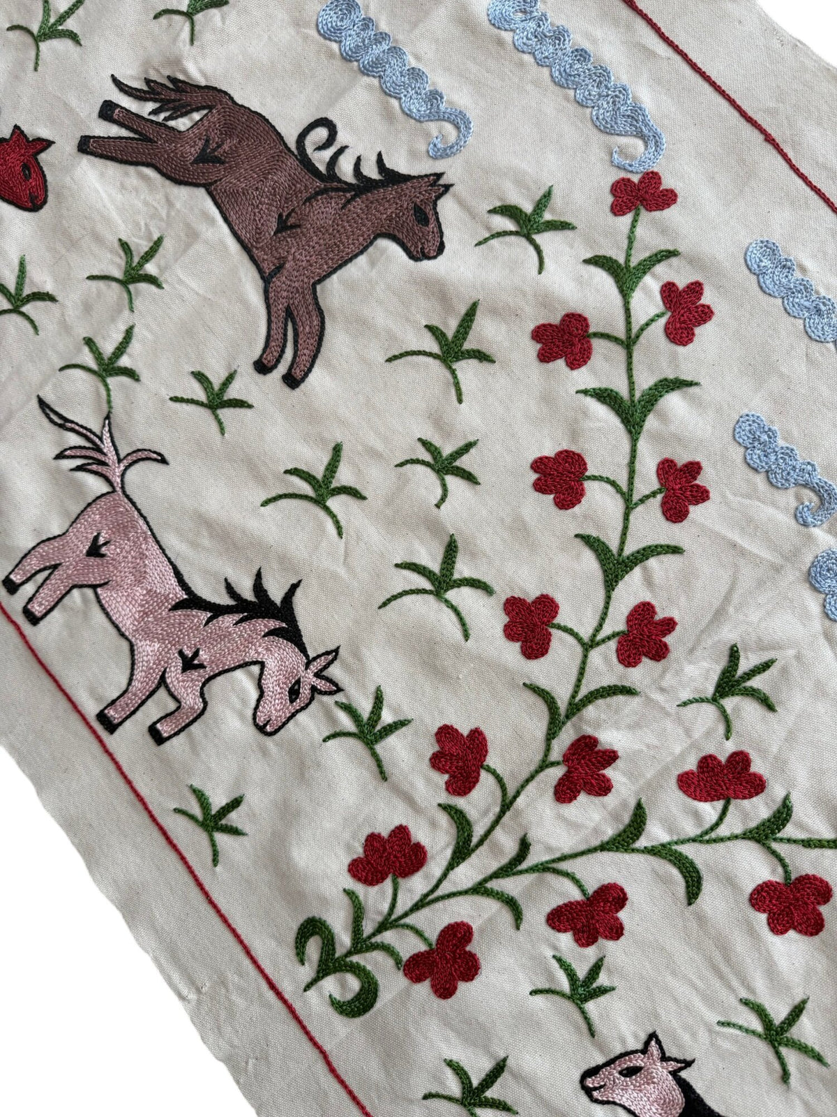 Handmade Uzbek Suzani Table Runner, Horse Embroidery, Cotton Embroidery Wall Decor 1'8'' x 4'8'' - detail 5