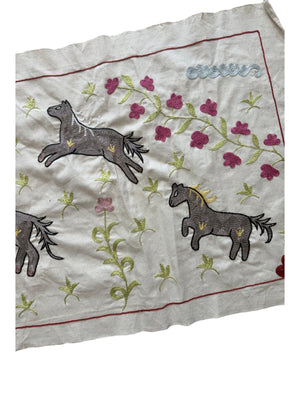 Hand-Embroidered Horse Suzani Tapestry - Tashkent Embroidered Cotton Runner 1'8'' x 5'0'' - detail 2