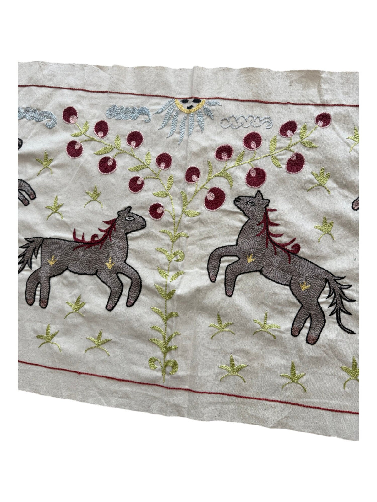 Hand-Embroidered Horse Suzani Tapestry - Tashkent Embroidered Cotton Runner 1'8'' x 5'0'' - detail 3