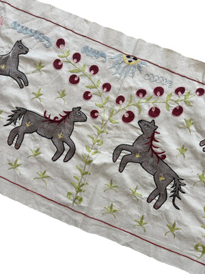 Hand-Embroidered Horse Suzani Tapestry - Tashkent Embroidered Cotton Runner 1'8'' x 5'0'' - detail 5