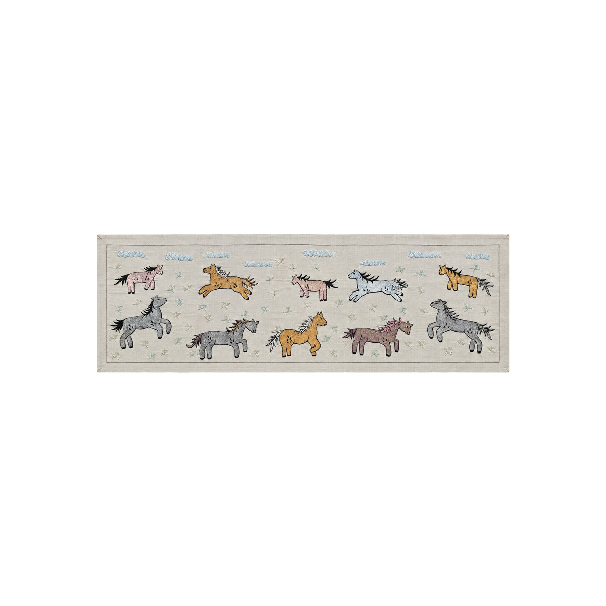 Decorative Uzbek Suzani Table Runner, Horse Embroidery, Cotton Wall Hanging 1'8'' x 4'7'' - front view
