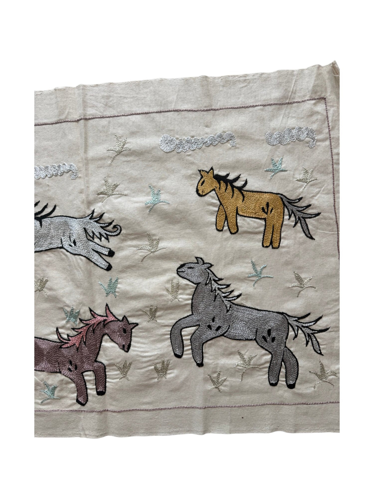 Decorative Uzbek Suzani Table Runner, Horse Embroidery, Cotton Wall Hanging 1'8'' x 4'7'' - detail 2