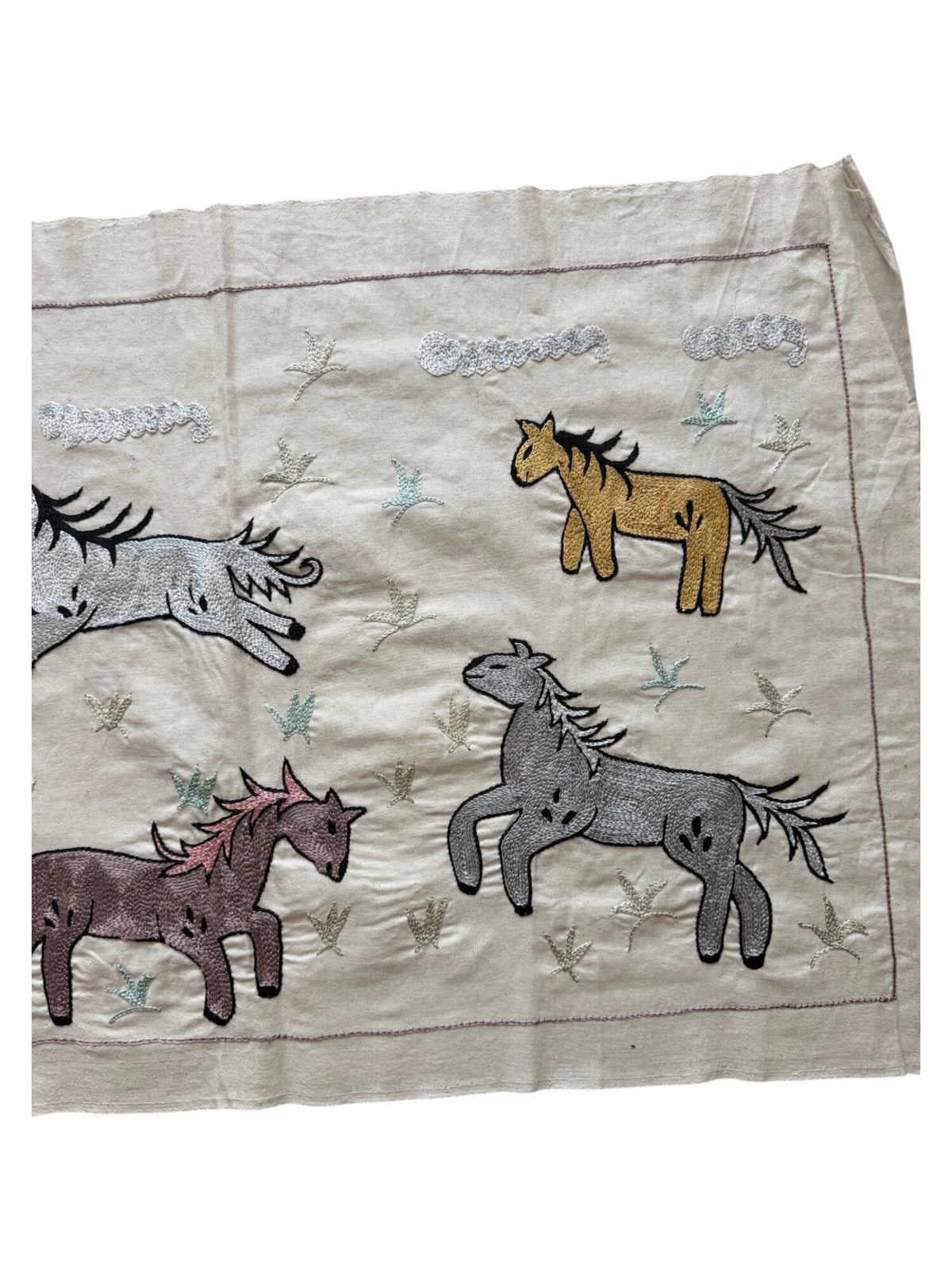 Decorative Uzbek Suzani Table Runner, Horse Embroidery, Cotton Wall Hanging 1'8'' x 4'7'' - detail 6