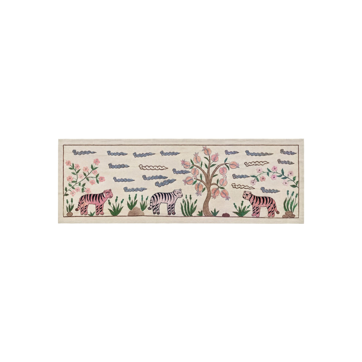 Hand-Embroidered Uzbek Suzani Table Runner, Tiger Embroidery, Cotton Tribal Textile 1'8'' x 4'6'' - front view