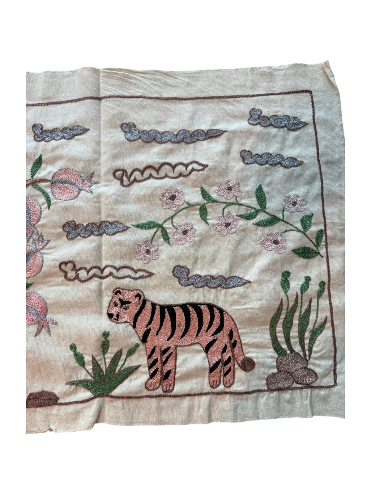 Hand-Embroidered Uzbek Suzani Table Runner, Tiger Embroidery, Cotton Tribal Textile 1'8'' x 4'6'' - detail 2