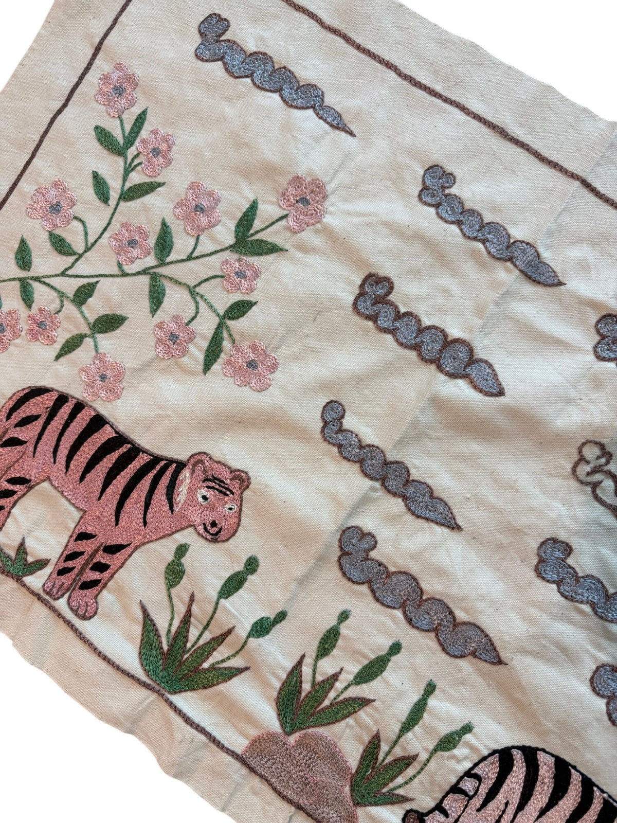 Hand-Embroidered Uzbek Suzani Table Runner, Tiger Embroidery, Cotton Tribal Textile 1'8'' x 4'6'' - detail 4