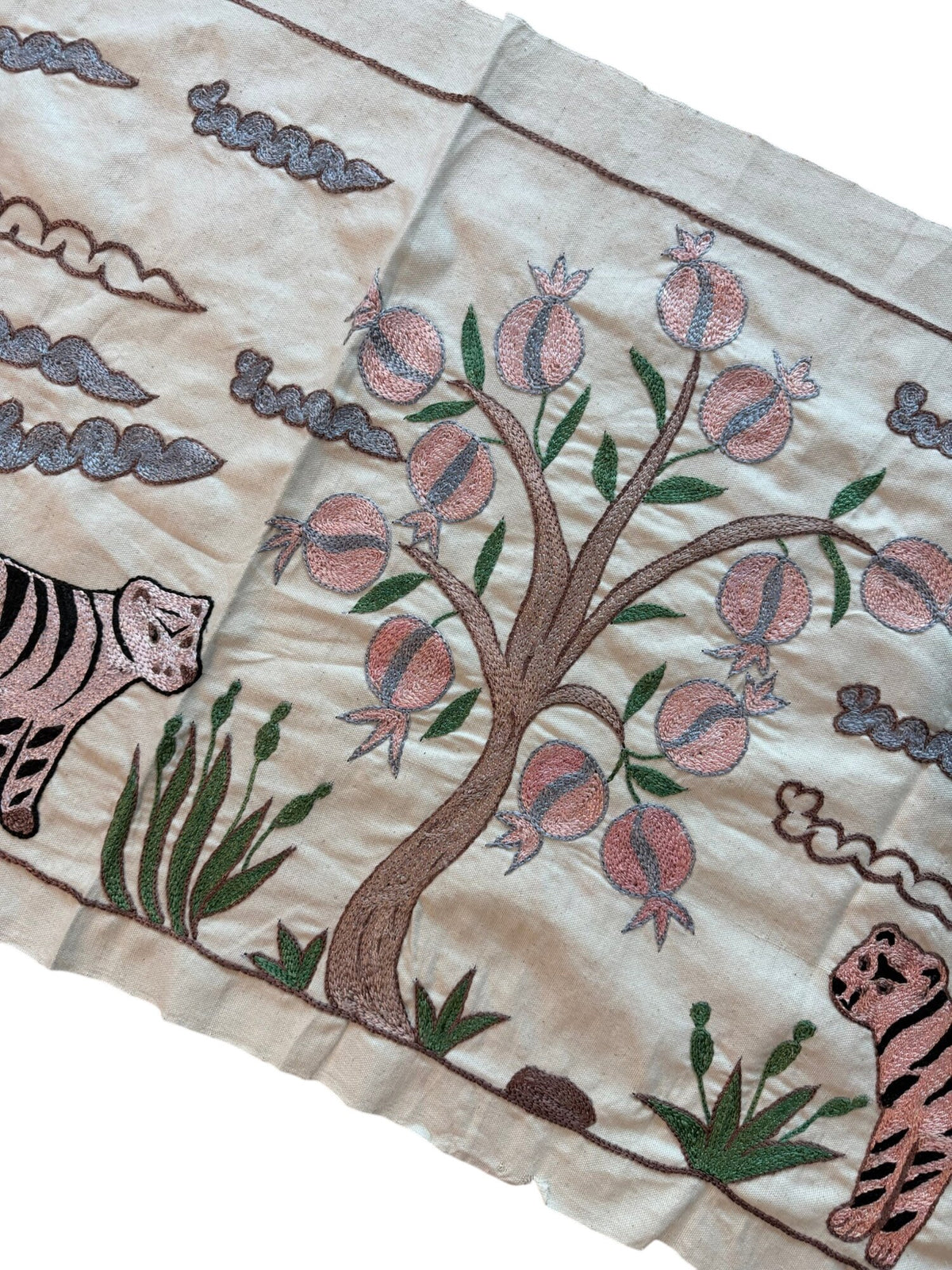Hand-Embroidered Uzbek Suzani Table Runner, Tiger Embroidery, Cotton Tribal Textile 1'8'' x 4'6'' - detail 5