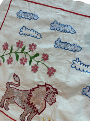 Hand-Embroidered Lion Suzani Tapestry - Uzbek Pictorial Textile 1'8'' x 4'7'' - detail 4