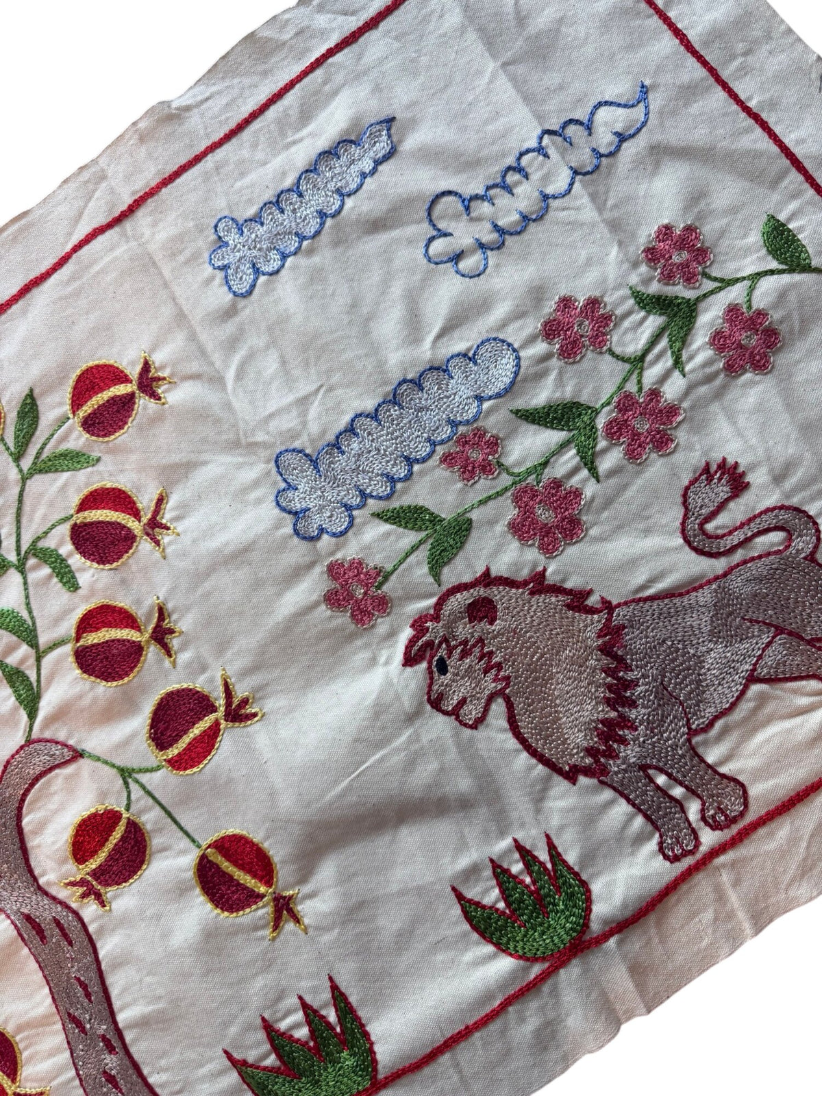 Hand-Embroidered Lion Suzani Tapestry - Uzbek Pictorial Textile 1'8'' x 4'7'' - detail 6