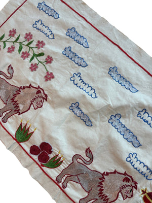 Hand-Embroidered Lion Suzani Tapestry - Uzbek Pictorial Textile 1'8'' x 4'7'' - detail 7