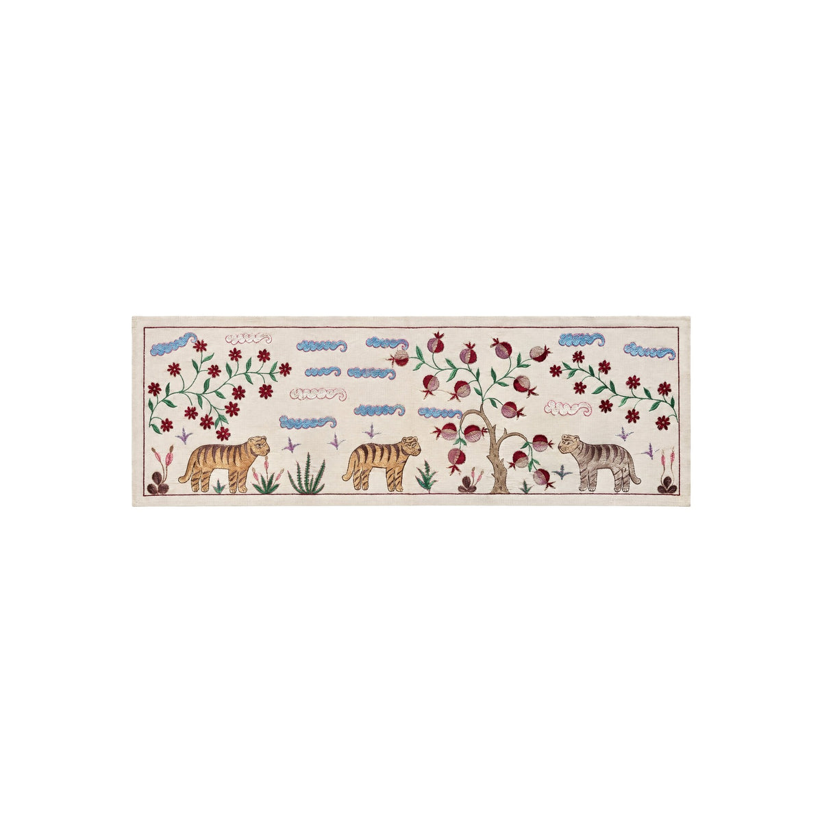 Tiger Motif Suzani Embroidered Wall Hanging - Boho Tashkent Embroidery 1'8'' x 4'8'' - front view