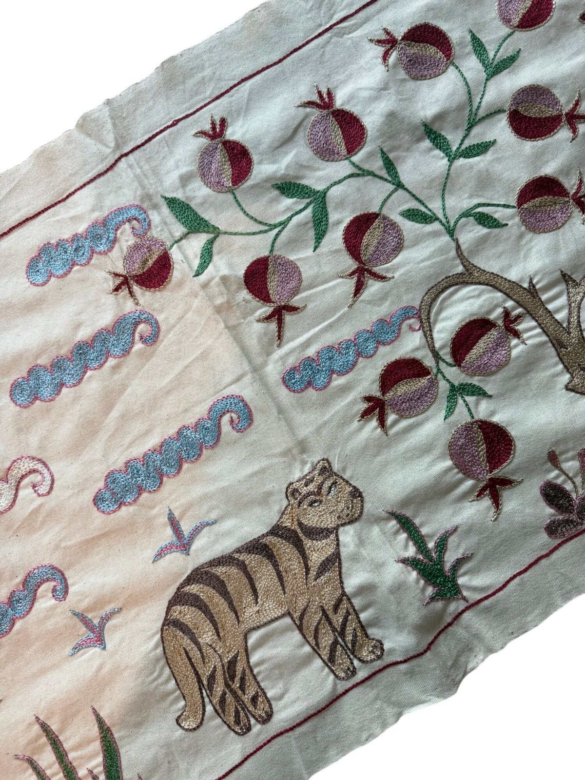 Tiger Motif Suzani Embroidered Wall Hanging - Boho Tashkent Embroidery 1'8'' x 4'8'' - detail 3