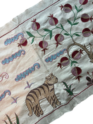 Tiger Motif Suzani Embroidered Wall Hanging - Boho Tashkent Embroidery 1'8'' x 4'8'' - detail 3