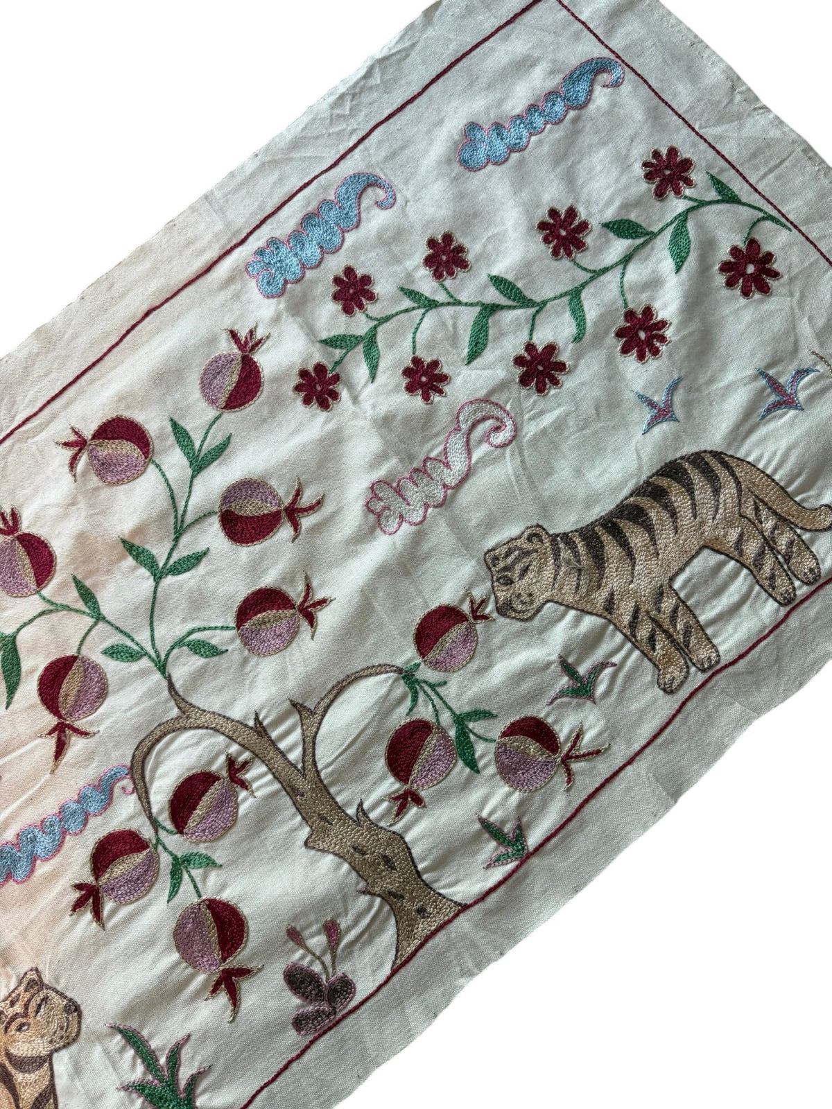 Tiger Motif Suzani Embroidered Wall Hanging - Boho Tashkent Embroidery 1'8'' x 4'8'' - detail 4