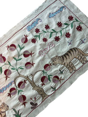 Tiger Motif Suzani Embroidered Wall Hanging - Boho Tashkent Embroidery 1'8'' x 4'8'' - detail 4