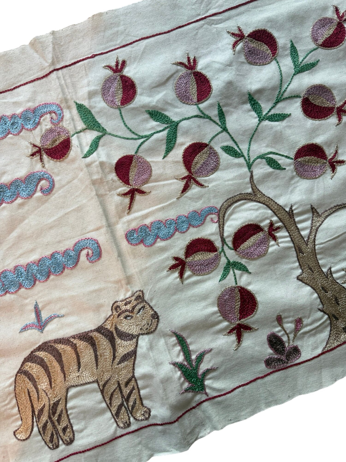 Tiger Motif Suzani Embroidered Wall Hanging - Boho Tashkent Embroidery 1'8'' x 4'8'' - detail 5