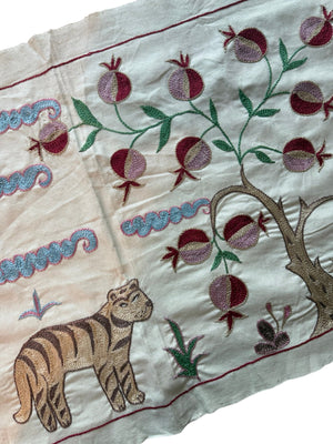 Tiger Motif Suzani Embroidered Wall Hanging - Boho Tashkent Embroidery 1'8'' x 4'8'' - detail 5