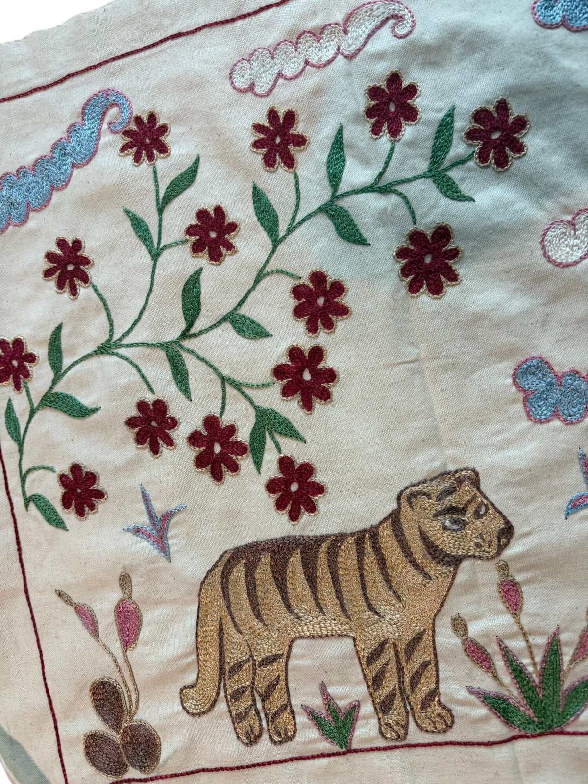 Tiger Motif Suzani Embroidered Wall Hanging - Boho Tashkent Embroidery 1'8'' x 4'8'' - detail 6