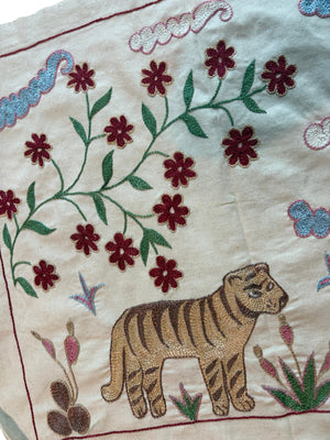 Tiger Motif Suzani Embroidered Wall Hanging - Boho Tashkent Embroidery 1'8'' x 4'8'' - detail 6