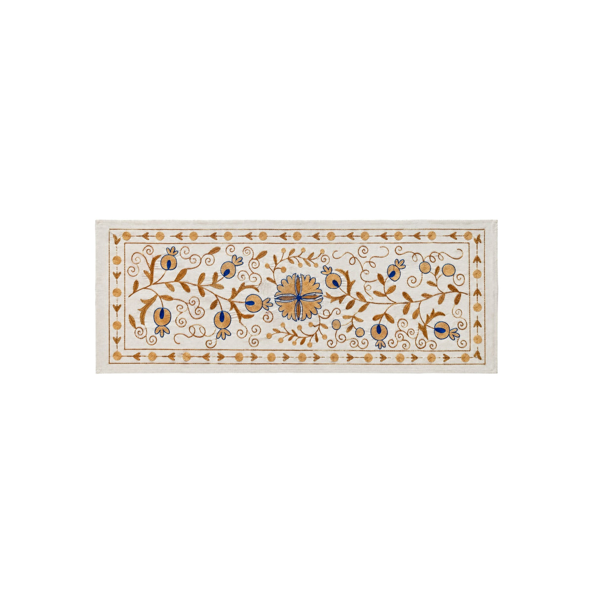 Floral Pictorial Suzani Wall Tapestry, Hand Embroidered Uzbek Cotton Tablecloth 1'8'' x 4'0'' - front view