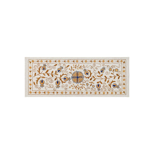 Floral Pictorial Suzani Wall Tapestry, Hand Embroidered Uzbek Cotton Tablecloth 1'8'' x 4'0'' - front view
