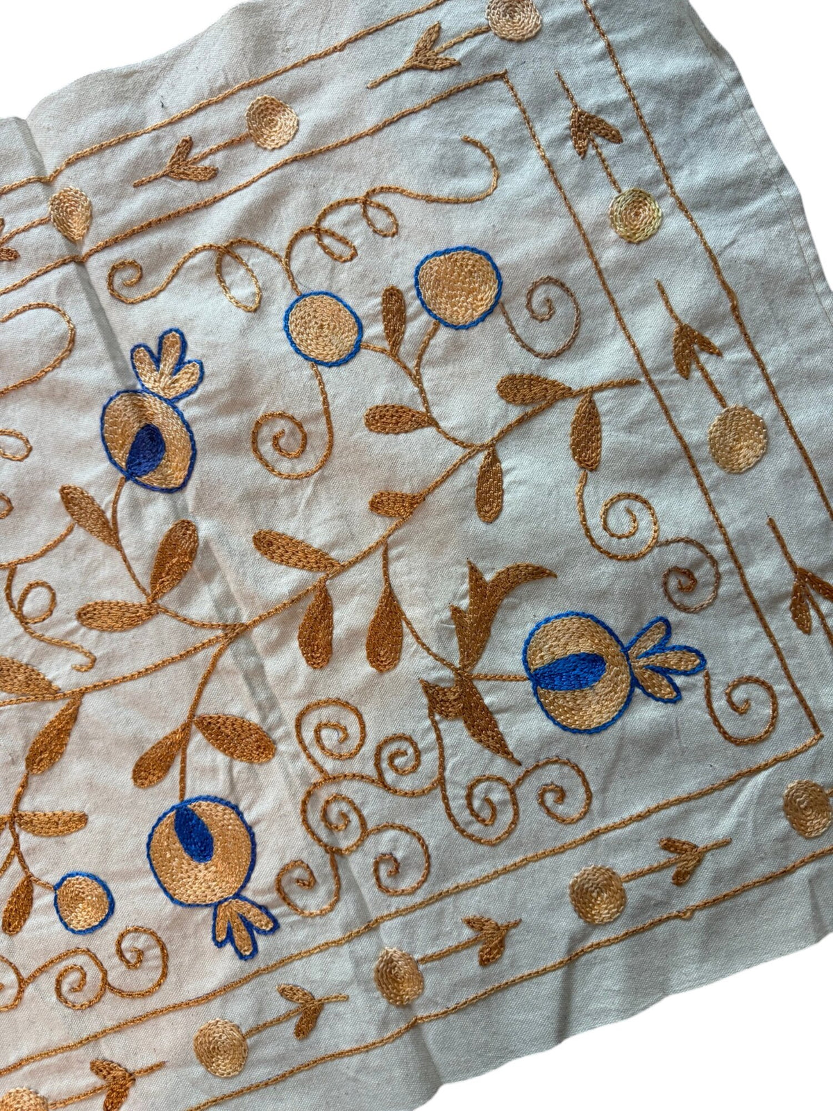 Floral Pictorial Suzani Wall Tapestry, Hand Embroidered Uzbek Cotton Tablecloth 1'8'' x 4'0'' - detail 2