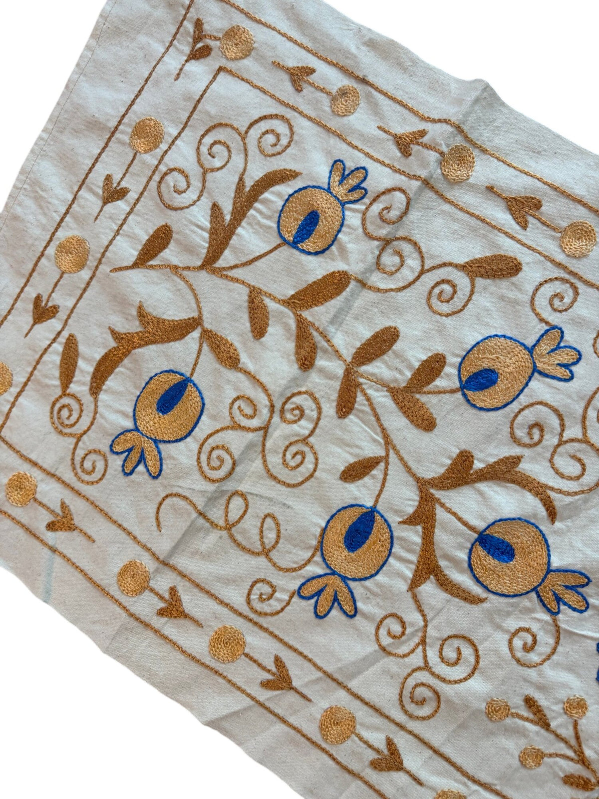 Floral Pictorial Suzani Wall Tapestry, Hand Embroidered Uzbek Cotton Tablecloth 1'8'' x 4'0'' - detail 3
