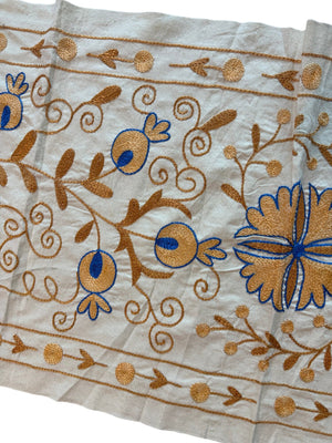 Floral Pictorial Suzani Wall Tapestry, Hand Embroidered Uzbek Cotton Tablecloth 1'8'' x 4'0'' - detail 4