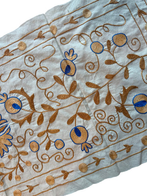 Floral Pictorial Suzani Wall Tapestry, Hand Embroidered Uzbek Cotton Tablecloth 1'8'' x 4'0'' - detail 5
