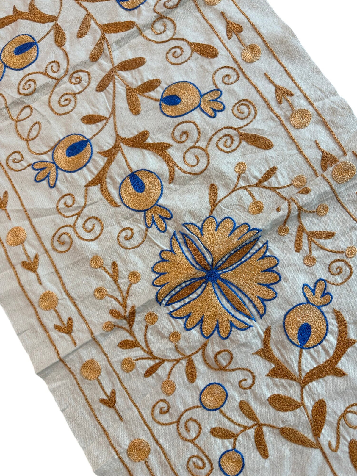 Floral Pictorial Suzani Wall Tapestry, Hand Embroidered Uzbek Cotton Tablecloth 1'8'' x 4'0'' - detail 6