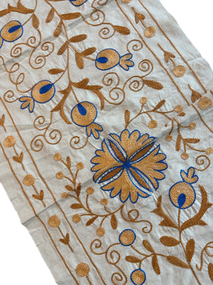 Floral Pictorial Suzani Wall Tapestry, Hand Embroidered Uzbek Cotton Tablecloth 1'8'' x 4'0'' - detail 6