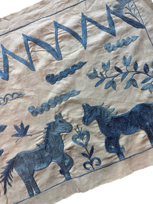 Decorative Horse Suzani Runner - Uzbek Pictorial Embroidery 1'8'' x 4'9'' - detail 2