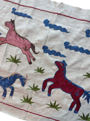 Hand-Embroidered Horse Suzani Embroidery Wall Decor - Uzbekistan Pictorial Textile 1'8'' x 4'7'' - detail 2