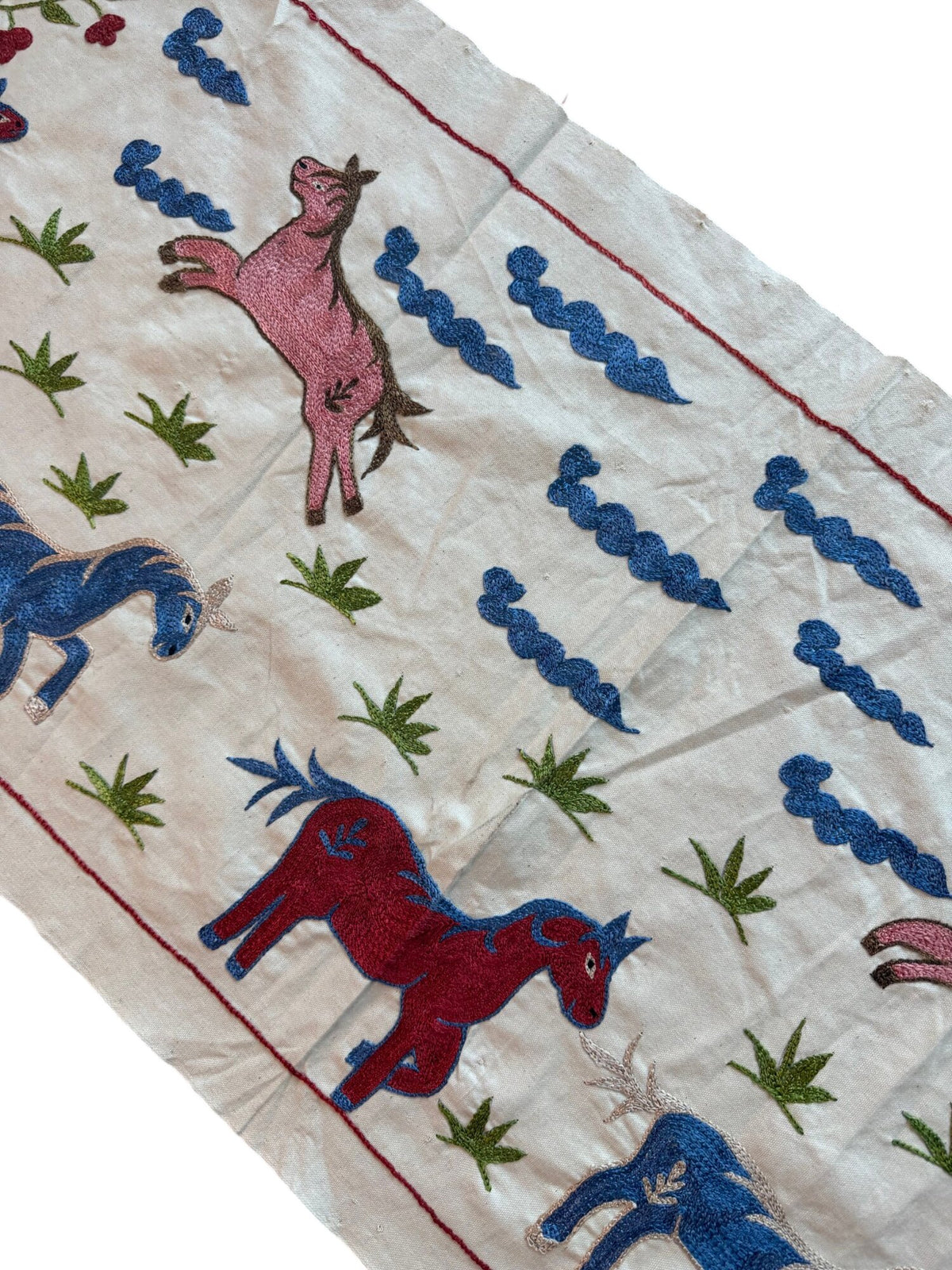 Hand-Embroidered Horse Suzani Embroidery Wall Decor - Uzbekistan Pictorial Textile 1'8'' x 4'7'' - detail 3