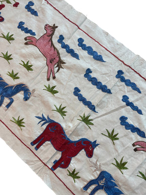 Hand-Embroidered Horse Suzani Embroidery Wall Decor - Uzbekistan Pictorial Textile 1'8'' x 4'7'' - detail 3