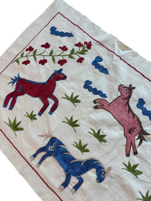Hand-Embroidered Horse Suzani Embroidery Wall Decor - Uzbekistan Pictorial Textile 1'8'' x 4'7'' - detail 4