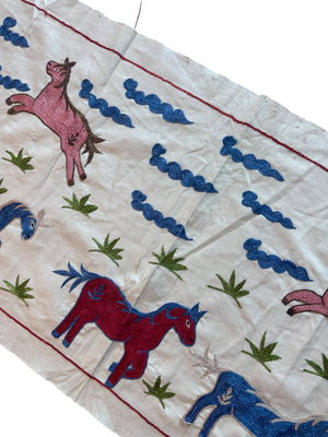 Hand-Embroidered Horse Suzani Embroidery Wall Decor - Uzbekistan Pictorial Textile 1'8'' x 4'7'' - detail 5