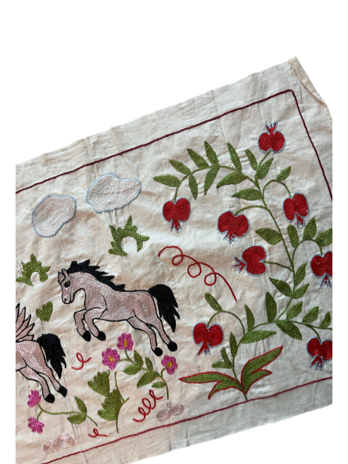 Bohemian Uzbek Suzani Table Runner, Winged Horse Embroidery, Cotton Embroidered Wall Hanging 1'8'' x 4'7'' - detail 2