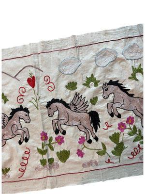 Bohemian Uzbek Suzani Table Runner, Winged Horse Embroidery, Cotton Embroidered Wall Hanging 1'8'' x 4'7'' - detail 3