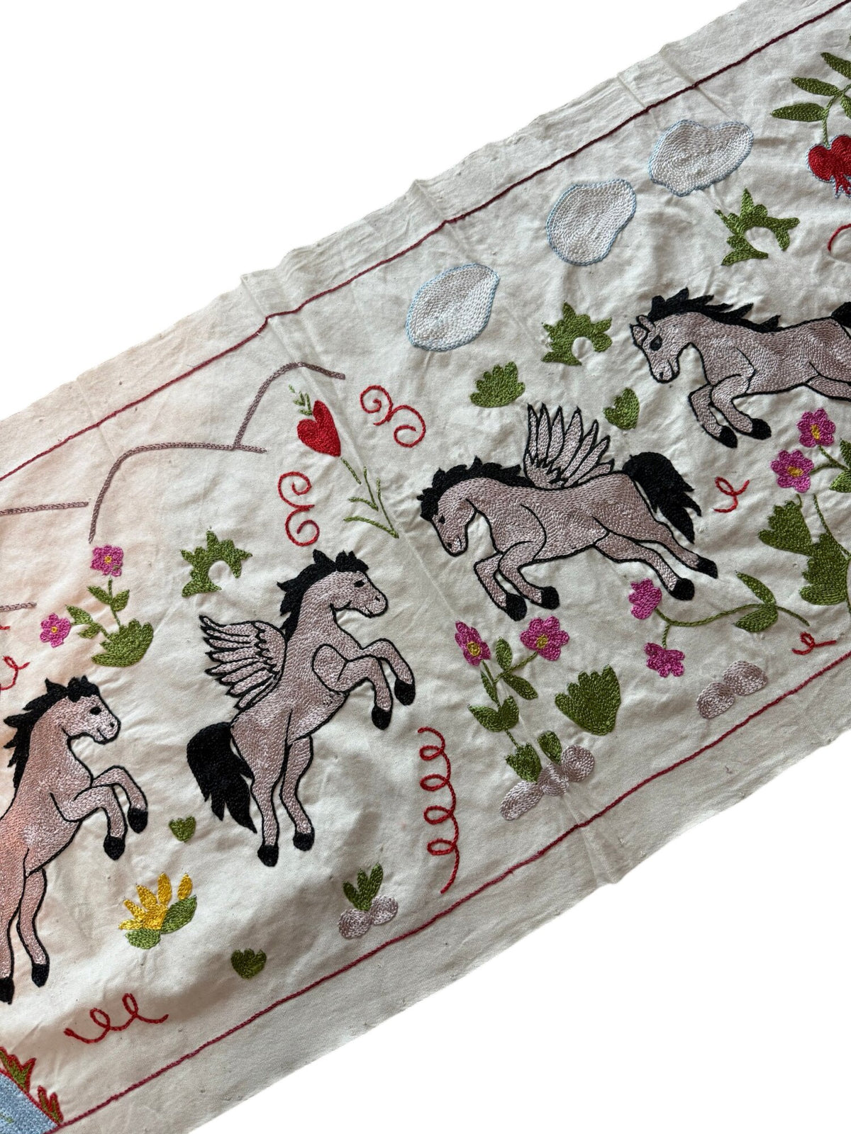Bohemian Uzbek Suzani Table Runner, Winged Horse Embroidery, Cotton Embroidered Wall Hanging 1'8'' x 4'7'' - detail 4