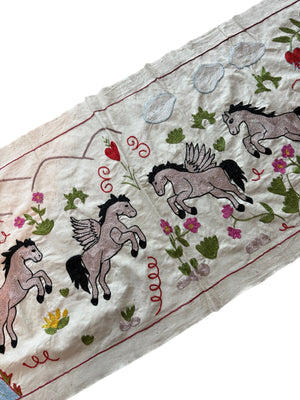 Bohemian Uzbek Suzani Table Runner, Winged Horse Embroidery, Cotton Embroidered Wall Hanging 1'8'' x 4'7'' - detail 4